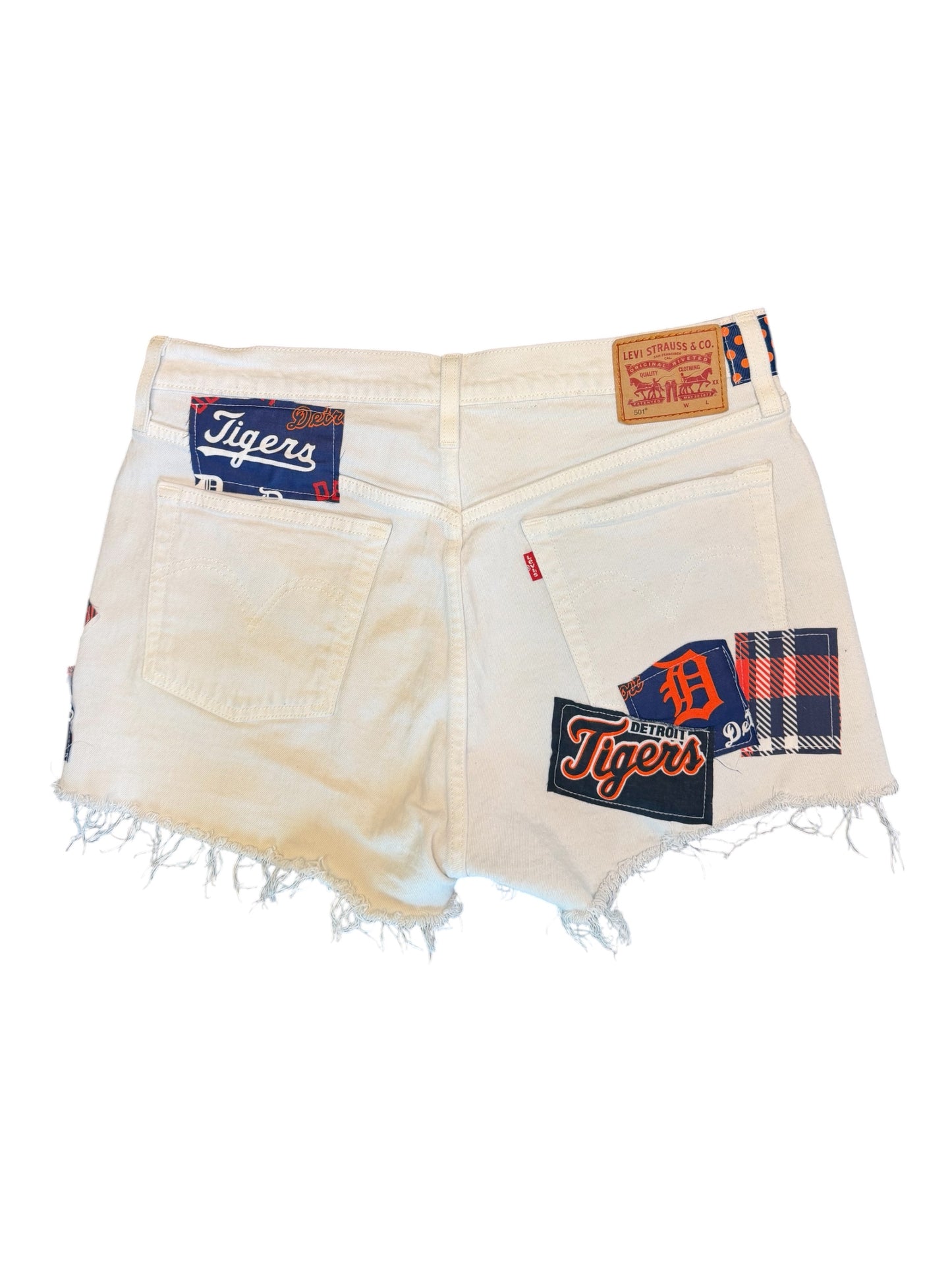 Lux Royal Threads | Tiger Stripe Cutoff Shorts
Detroit Baseball-Inspired | White Levi's 501 Denim | One of a Kind