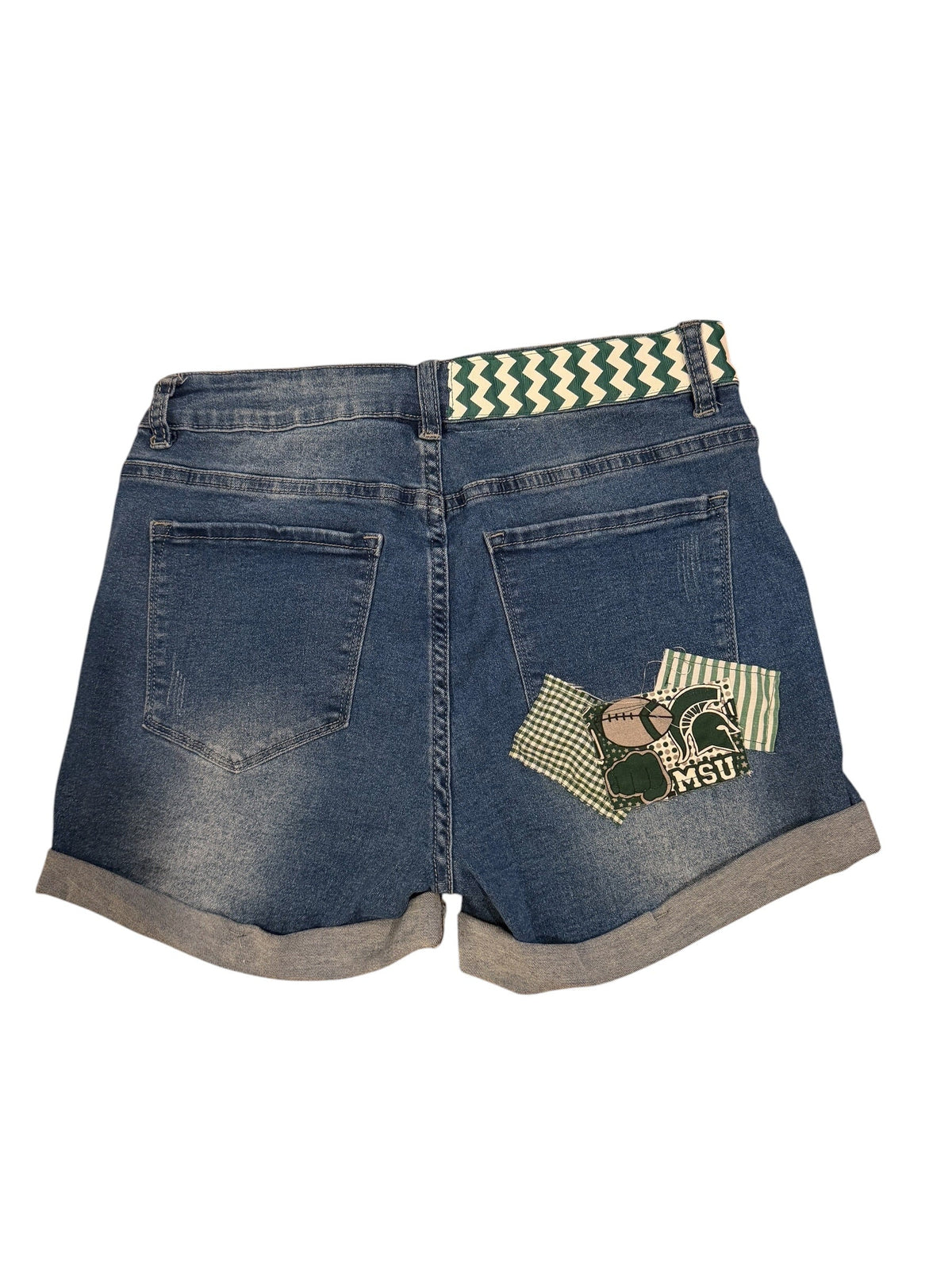 Lux Royal Threads | Michigan State Patchwork Denim Shorts – Size Medium