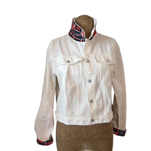 White denim jacket with patterned collar and cuffs