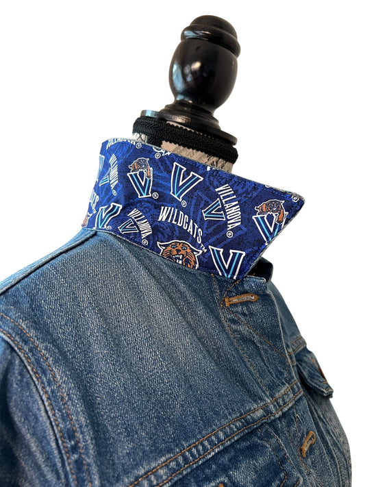 Blue denim jacket with a matching patterned vest