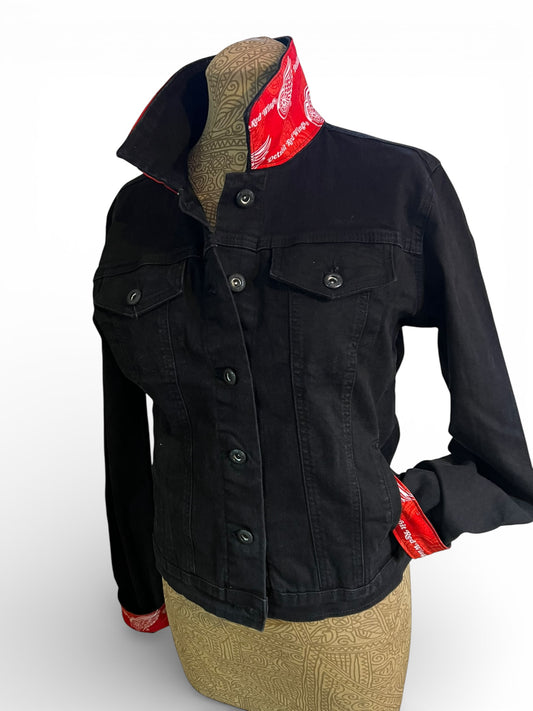 Black jacket with patterned lining