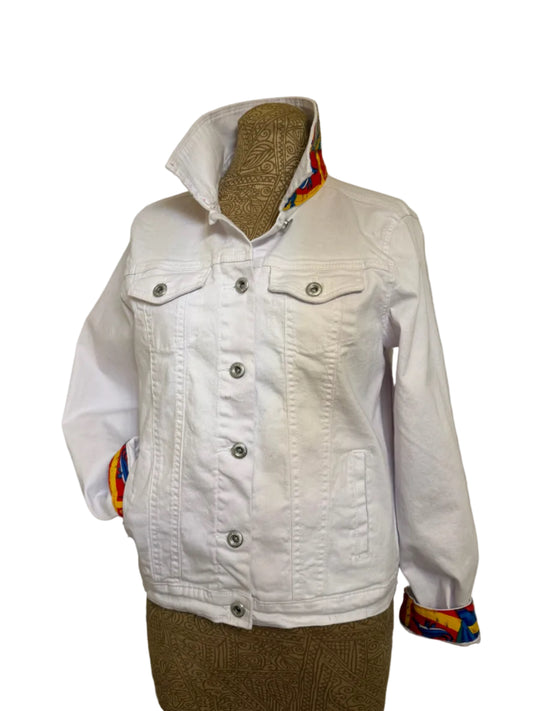 White denim jacket with colorful accents on a plain background