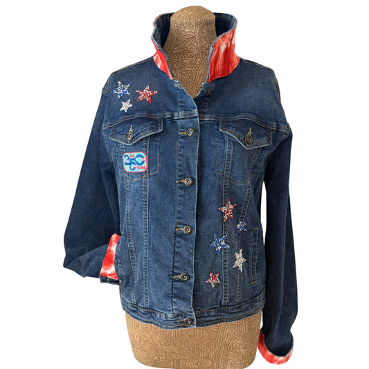 Blue denim jacket with star patches
