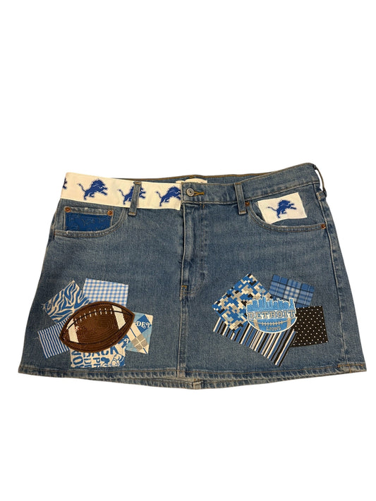 Lux Royal Threads | Detroit Lions Patchwork Denim Skirt – Size 32
