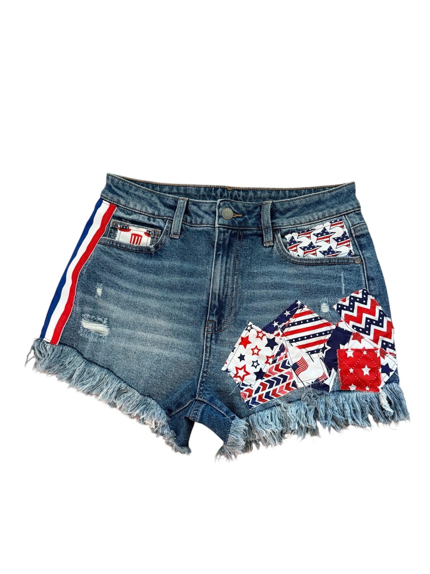 Denim shorts with patriotic patchwork design on a white background