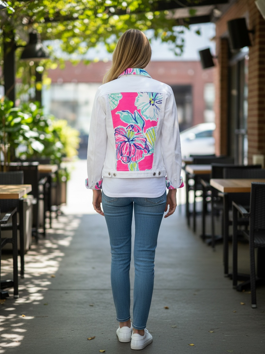 A woman viewed from behind wearing a white denim jacket with a large colorful floral print on the back, paired with blue jeans and white sneakers, standing on an outdoor patio walkway.
