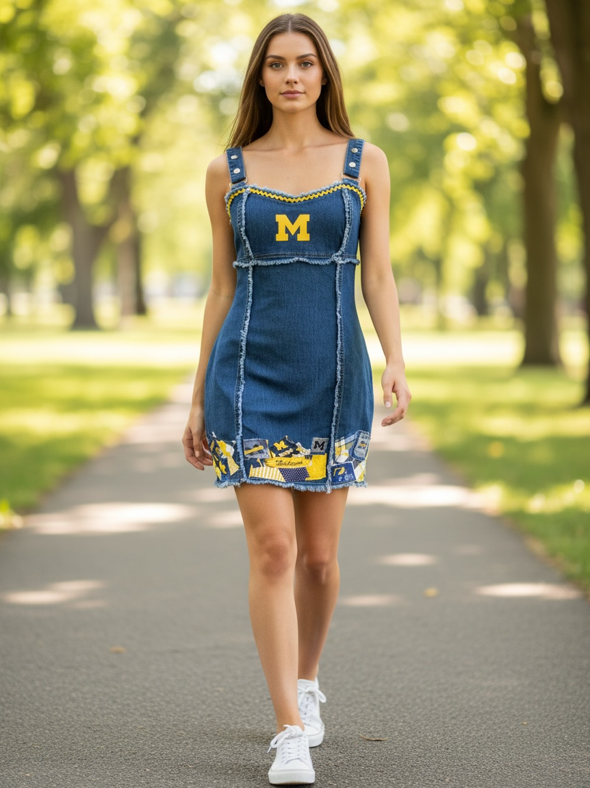 A woman walking on a tree-lined path wearing a blue denim mini dress with yellow and white graphic details, including a large 'M' on the chest and a collegiate-style pattern along the hem, paired with white sneakers.