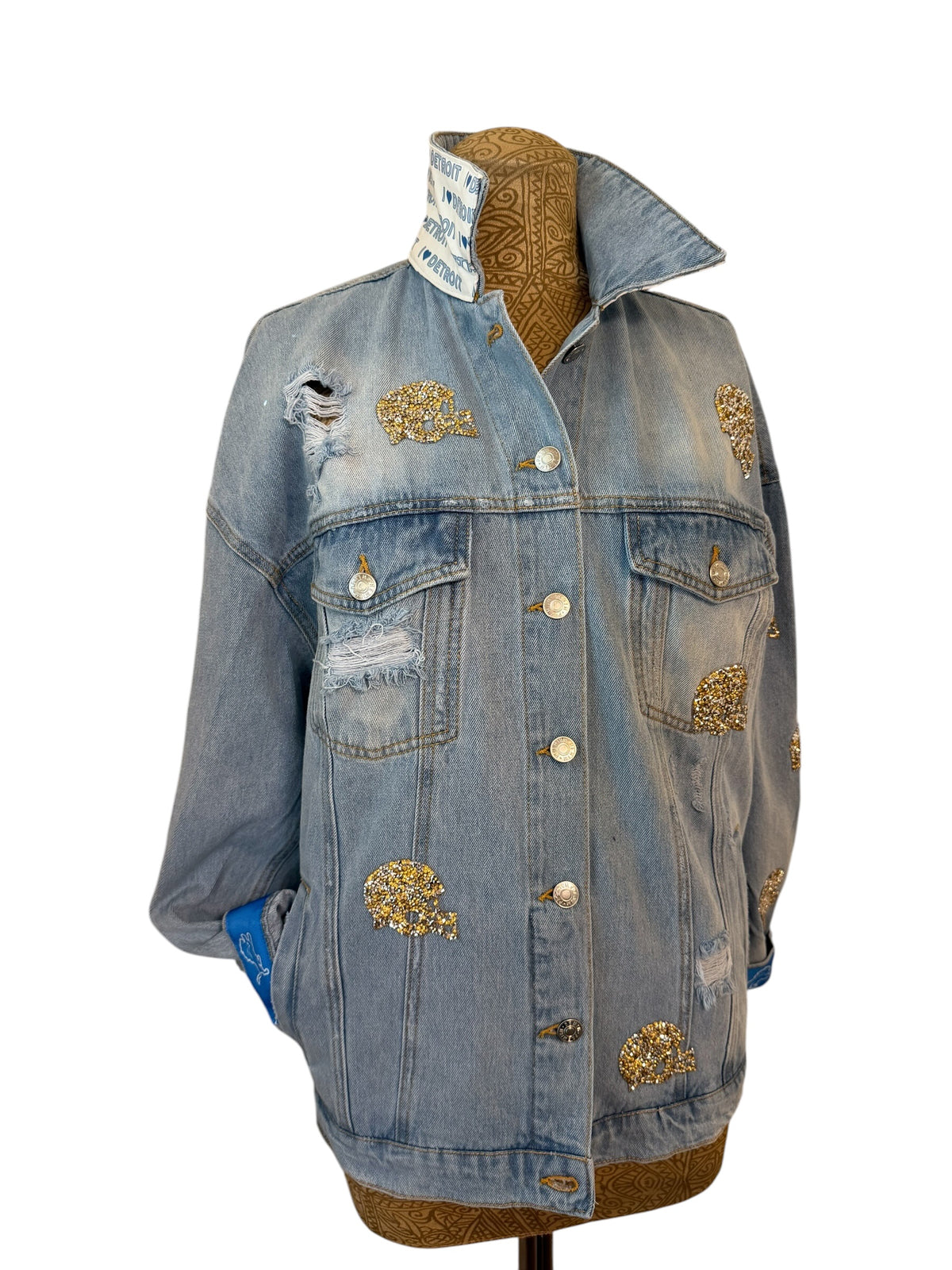 Lux Royal Threads | Detroit Lions Sparkle Denim Jacket | Size Medium