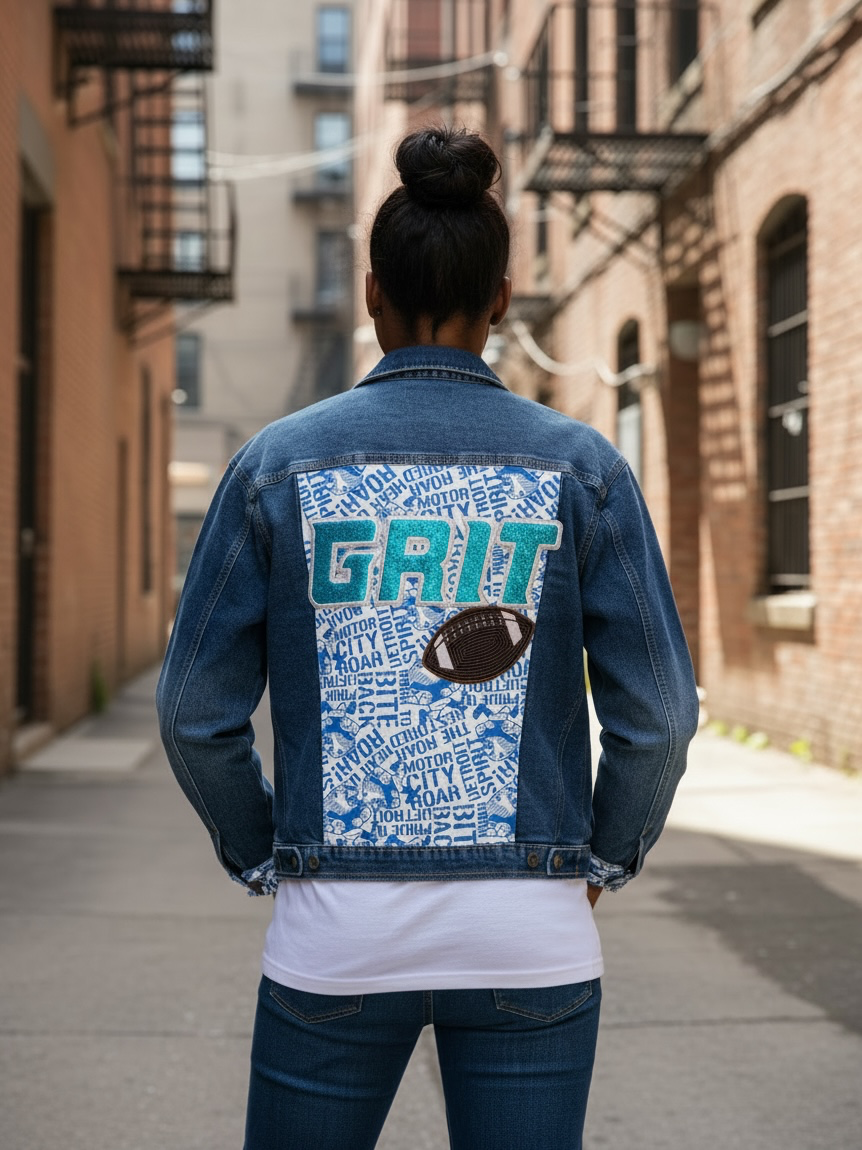 A person viewed from behind wearing a blue denim jacket with a large back graphic that reads "GRIT" in teal and white, with a football patch and white text collage, standing in an urban alleyway.