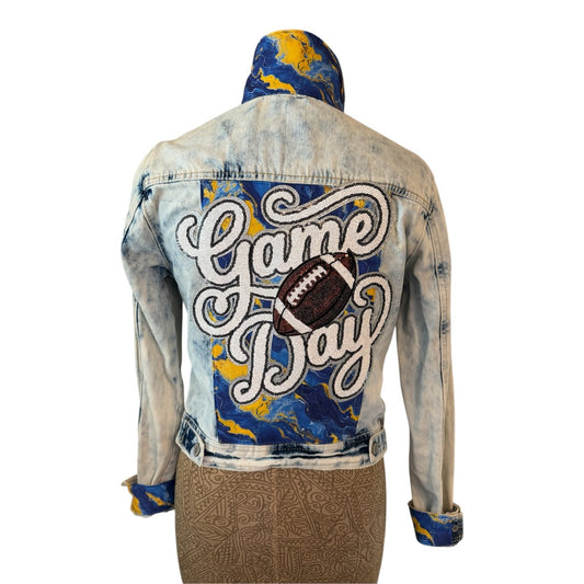 Lux Royal Threads | Blue & Gold Game Day Sequin Denim Jacket | Size Large | One of a Kind