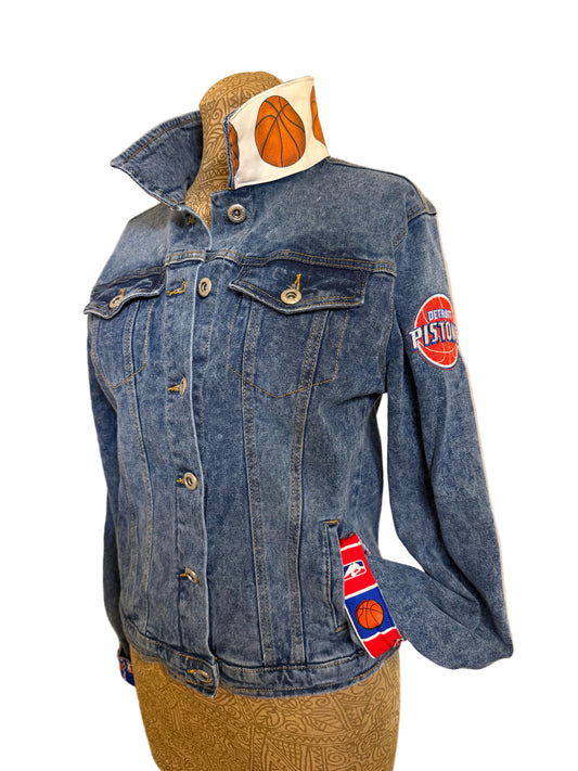 Blue denim bag with basketball-themed patches 