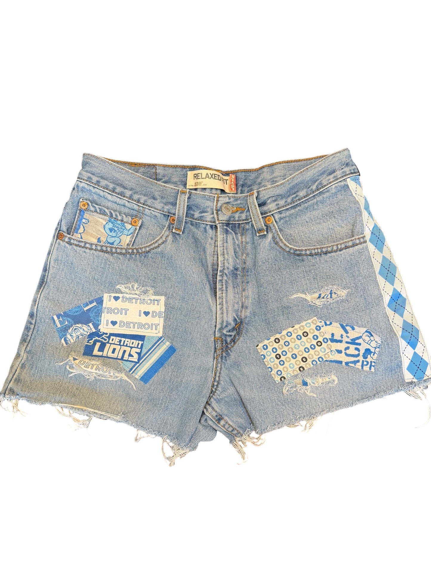 Levi 550 W 32 distressed blue denim cut off short shorts. I accented with with Detroit Lions.