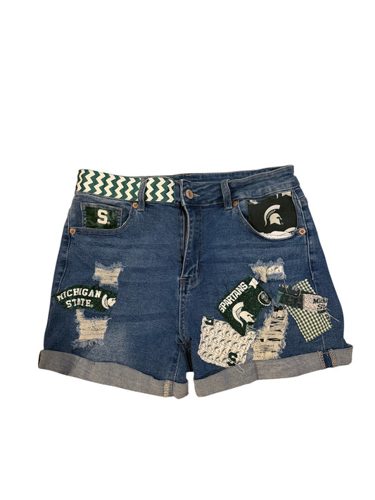 Lux Royal Threads | Michigan State Patchwork Denim Shorts – Size Medium