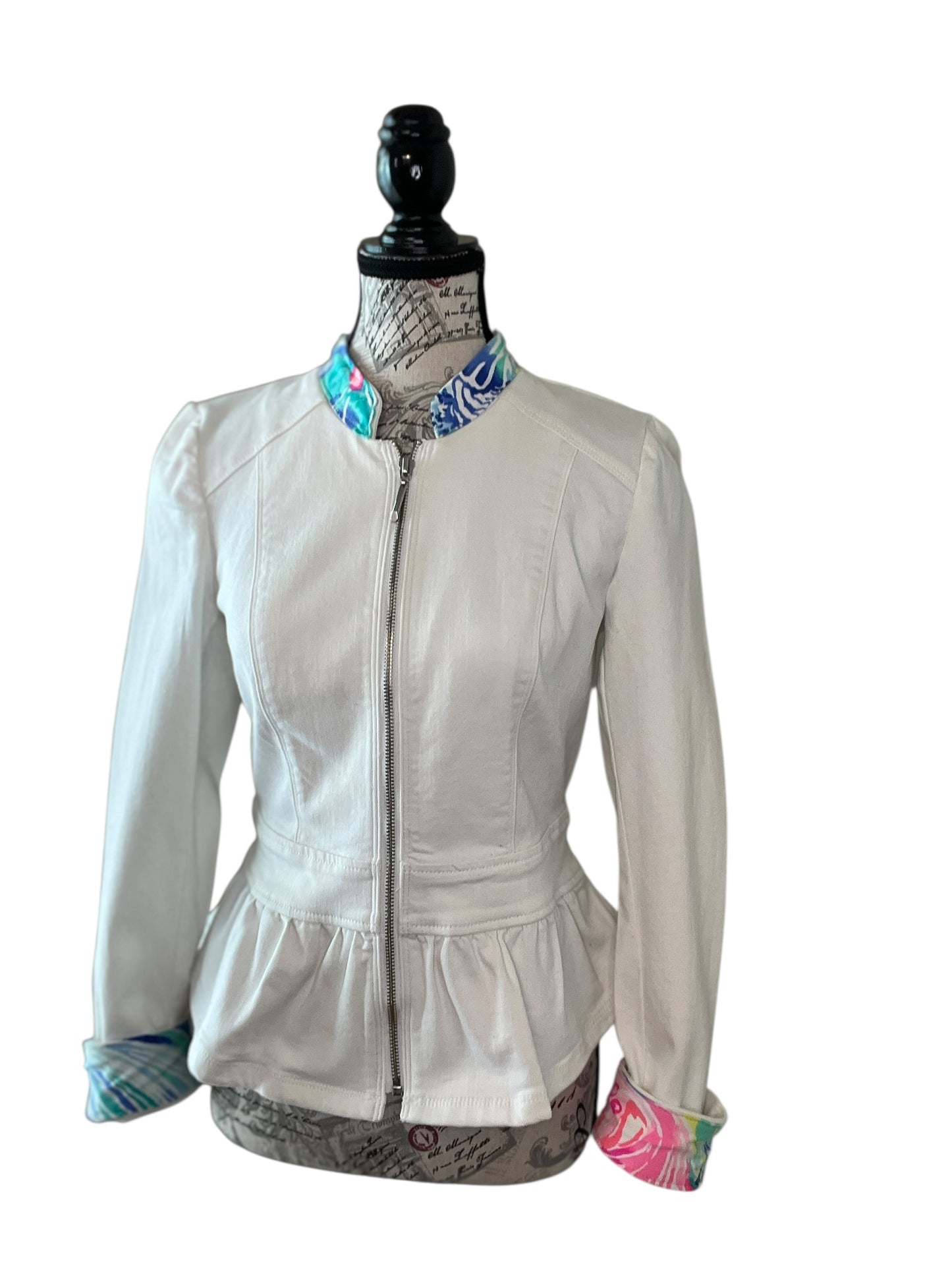 Lux Royal Threads | The Coastal Bloom Zip Peplum Denim Jacket XS