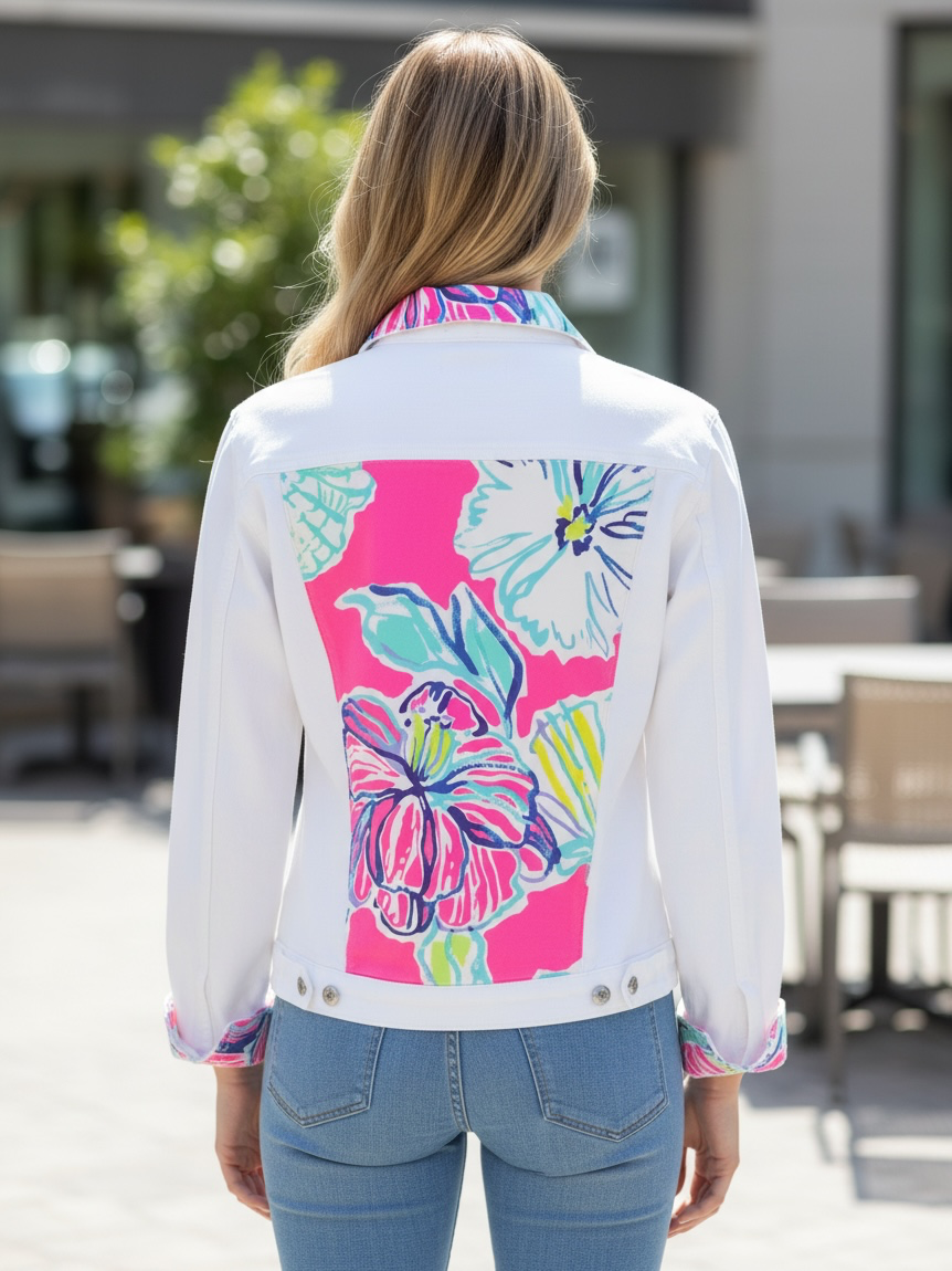 A woman viewed from behind wearing a white cropped jacket with a large colorful floral print on the back and matching print on the collar and cuffs, paired with blue jeans in an outdoor patio setting.