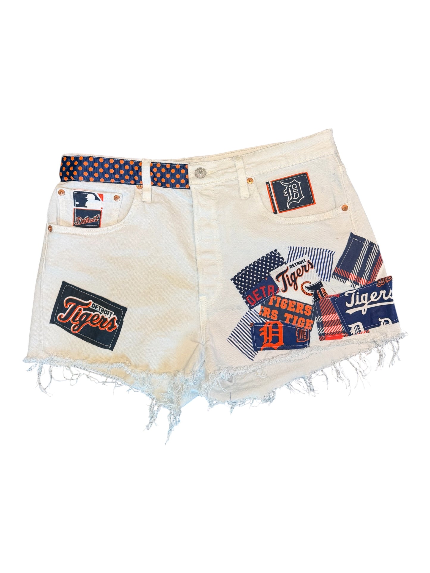 Lux Royal Threads | Tiger Stripe Cutoff Shorts
Detroit Baseball-Inspired | White Levi's 501 Denim | One of a Kind