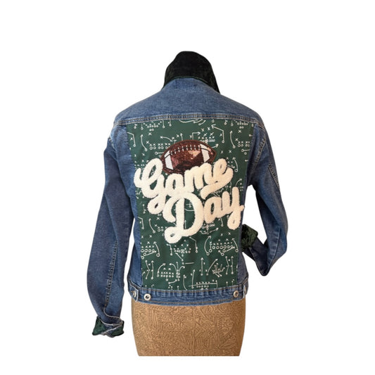 Lux Royal Threads | Saturday Style Collection | Green & White Game Day Denim Jacket | One of a Kind
