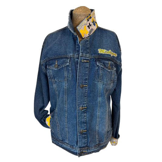 Blue denim jacket with 'Michigan' embroidery 