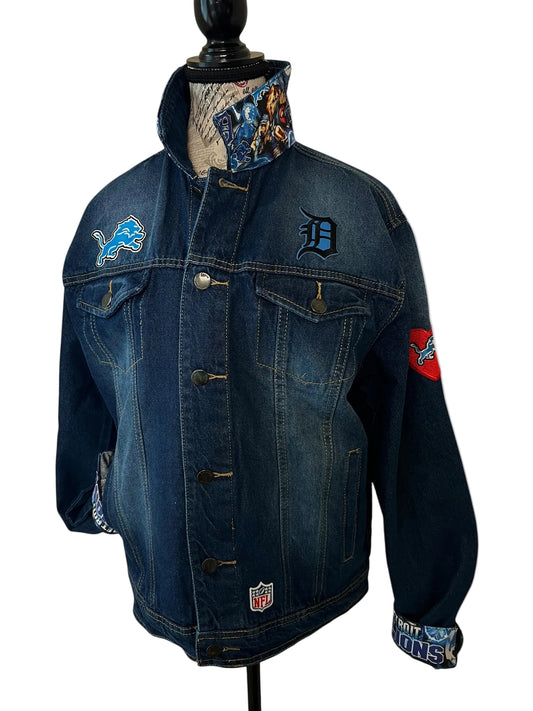 Blue denim jacket with embroidered logos 