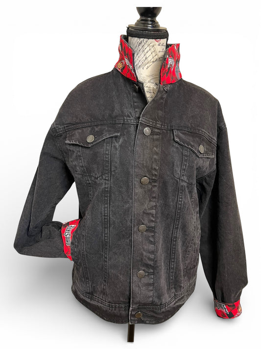 Black denim jacket with red accents 