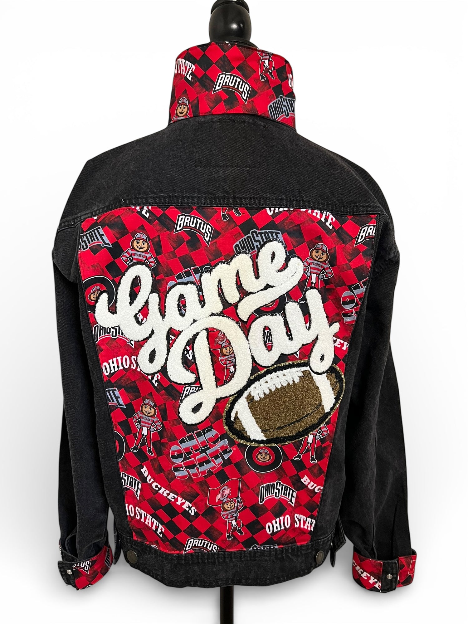 Black denim jacket with red and white 'Game Day' design 