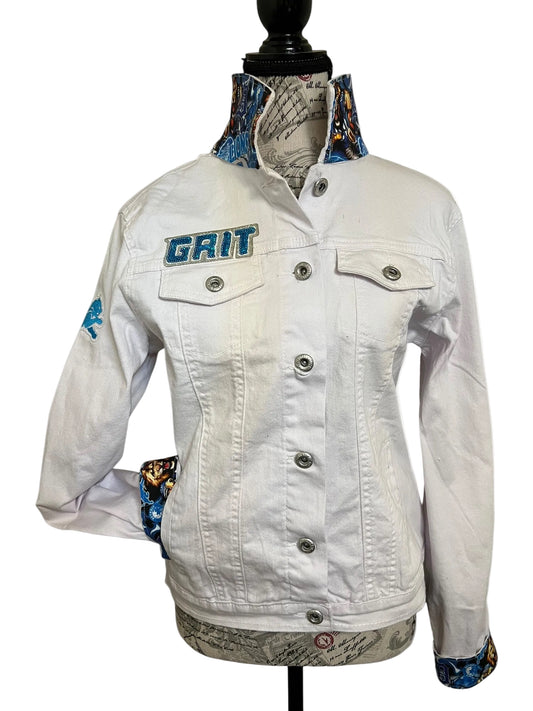 White denim jacket with 'Grit' branding 