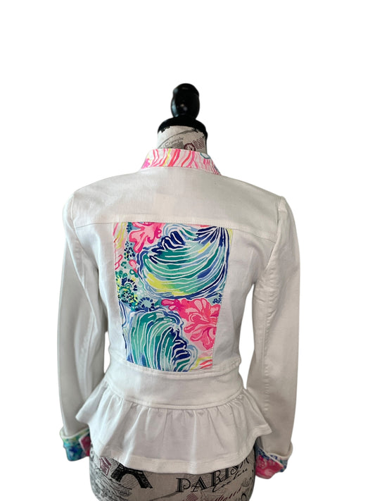 Lux Royal Threads | The Coastal Bloom Zip Peplum Denim Jacket XS