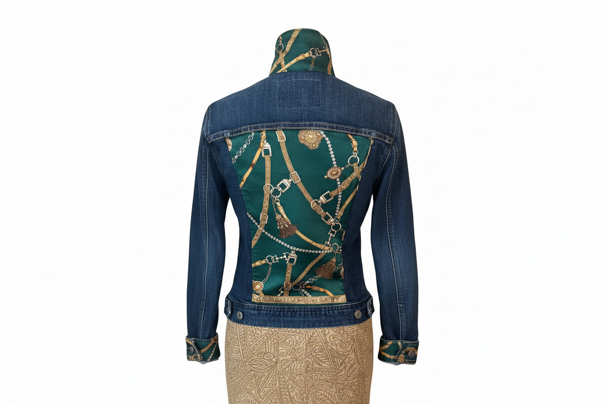 Denim jacket with gold chain pattern 